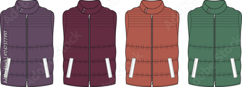 Collection of flat-sketch puffer vest designs in various appealing colors, showcasing versatile outerwear apparel for fashion design and seasonal wardrobe concepts