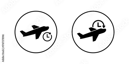 Airplane delay icon in circular outline. Flight schedule with clock symbol