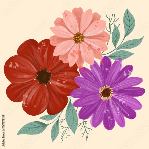 Watercolor painting of a beautiful bouquet of flowers decorated with green leaves for card, print, wallpaper