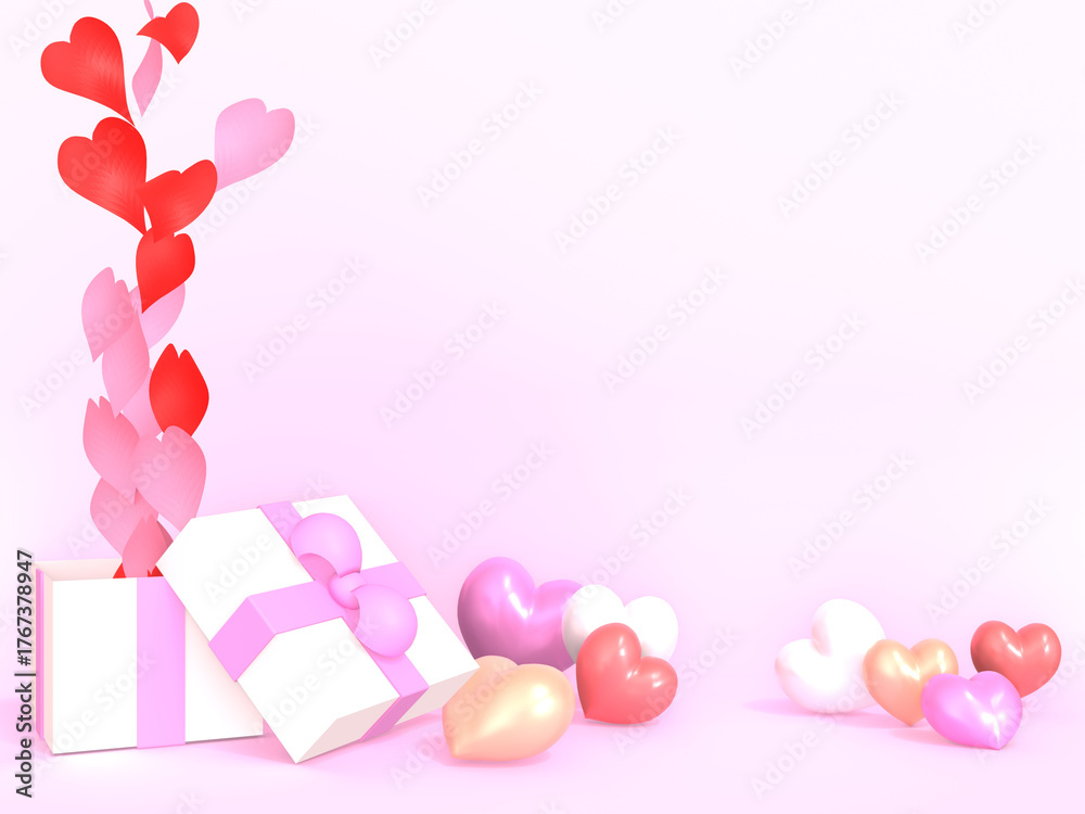 Fototapeta premium プレゼントボックスからハートが飛び出すバレンタイン3DCG風景