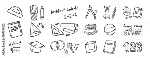 Math elements set, formulas and geometry, cute study kit, line art outline contour, monochrome, hand drawn