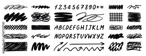 Abstract doodles monochrome line art with lines arrows numbers and alphabet, hand drawn