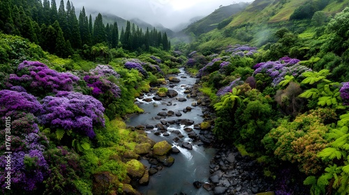 Fototapeta Naklejka Na Ścianę i Meble -  Majestic New Landscape View of a Beautiful River Flowing Through Stunning Mountains, Surrounded by Lush Trees and Wildflowers.