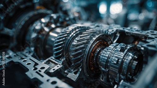 A High Resolution image of closeup view of a complex automatic transmission gearbox mechanism.
