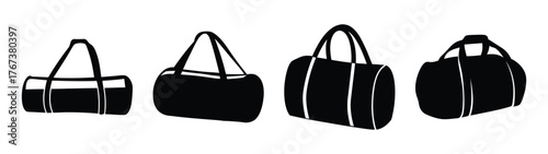 Four black gym bags and duffel bags shown side by side