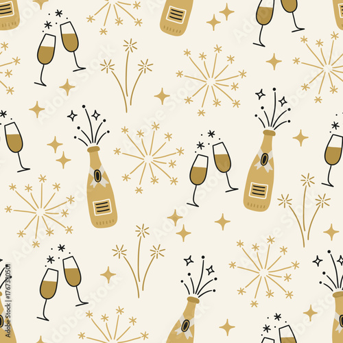 Christmas seamless pattern with champagne, stars, snowflakes, firework, wineglasses on white background. Perfect for wallpaper, gift paper, winter greeting cards. Vector hand drawn illustration