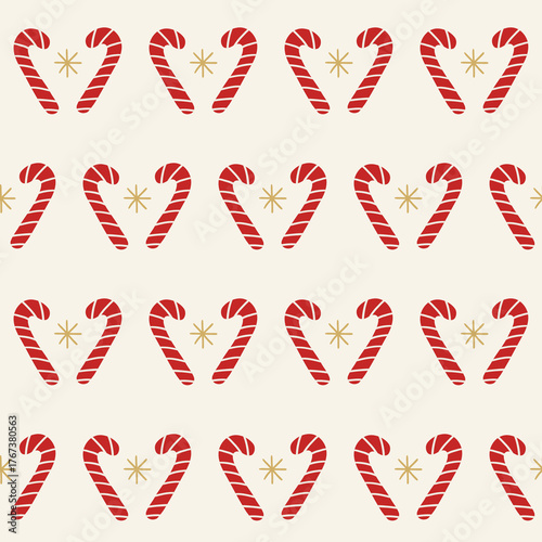 Christmas seamless pattern with candy cane and snowflakes on white background. Perfect for wallpaper, gift paper, winter greeting cards. Vector hand drawn illustration