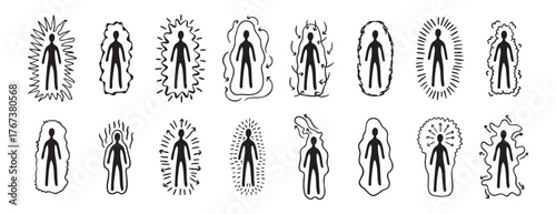 Set of human silhouettes with auras in various line styles, monochrome line art, hand drawn