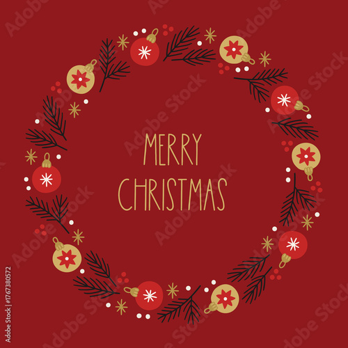 Christmas greeting card with balls, snowflakes, fir branches on dark red background. Perfect for seasonal decorations. Hand drawn frame, wreath