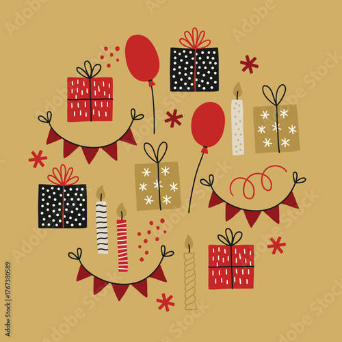 Christmas greeting card with balloon, garlands, gifts, candles, stars, snowflakes, confetti on gold background. Circle ornament. Perfect for seasonal decorations. Vector hand drawn illustration