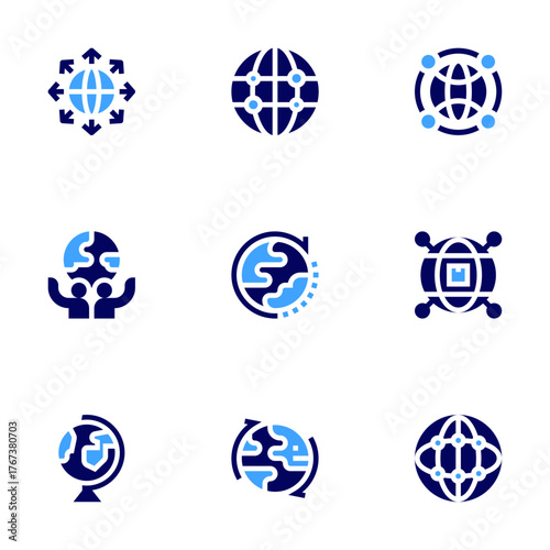 Global icon set. Bold style. Duotone colors. expansion, internet, global, globe, geography, global shipping, global network