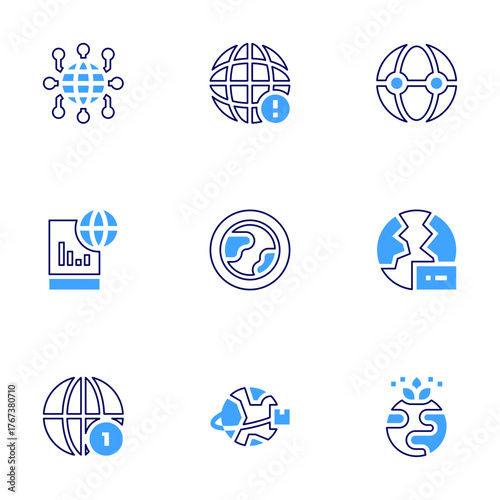 Global icon set. Bold line style. Duotone colors. Editable stroke. world, global network, international day of yoga, earth, global delivery, global