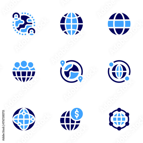 Global icon set. Bold style. Duotone colors. global, web, world, travel, global network, marketing, investment, network, global communication