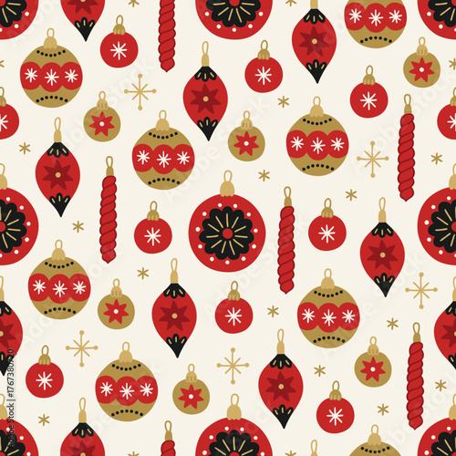 Christmas seamless pattern with balls, baubles and snowflakes on white background. Perfect for wallpaper, gift paper, winter greeting cards. Vector hand drawn illustration