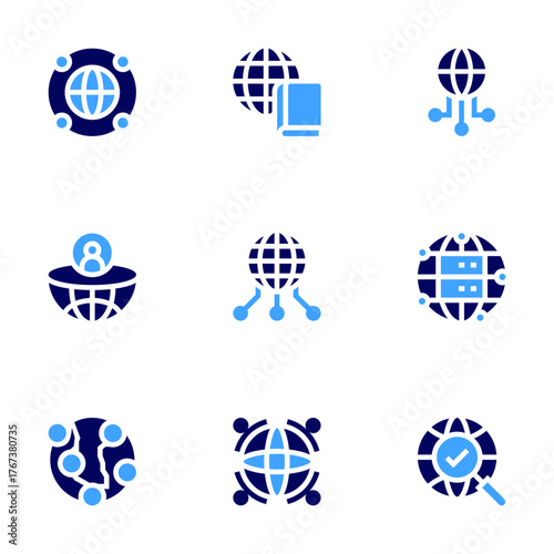 Global icon set. Bold style. Duotone colors. world, book, globalization, global, global server, global research
