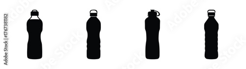 Four silhouette bottles variety shapes beverage container collection graphic element