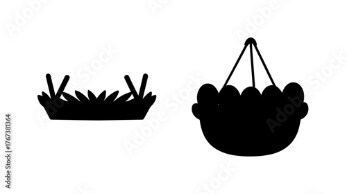 Simple black silhouettes of grass and a hanging nest with eggs