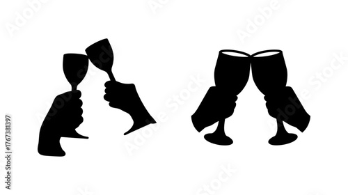 Two pairs of hands clinking wine glasses in silhouette for celebration and toasting