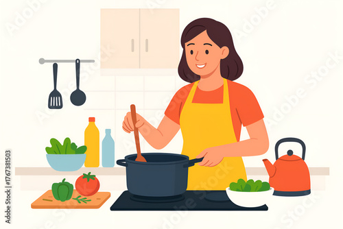 Housewife Cooking in Modern Kitchen Flat Vector Illustration