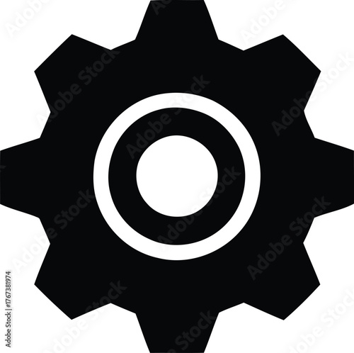 Minimalist black and white gear icon representing engineering, mechanics, industry, and technological operations.