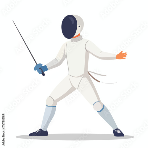 Fencer in white uniform and mask holds a foil in a defensive stance, ready for a bout.