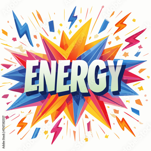 The word �energy� is electrified with lightning bolts and dynamic lines in a bold, colorful composition.
