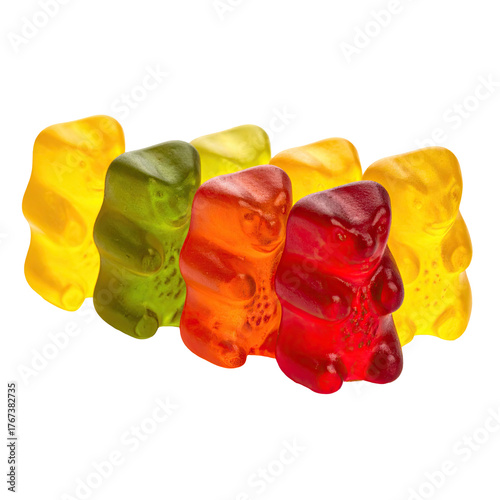 Six colorful, translucent gummy bear candies stand in a row against a dark background