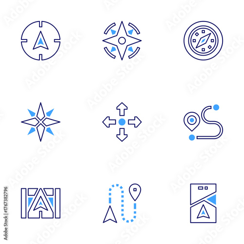 Navigation icon set. Bold line style. Duotone colors. Editable stroke. compass, navigation, directions, distance, navigator