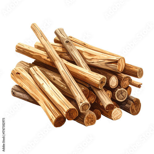 A pile of rough, wooden logs, of varying sizes and textures, isolated on black
