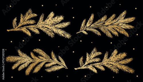 Gold fir branch on black background hand drawn set.	
