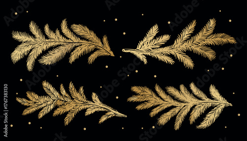 Gold fir branch on black background hand drawn set.	

