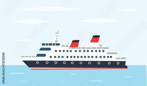 "Luxury Cruise Ship Flat Design Vector""Cruise Ship Illustration – Modern Ocean Liner on Blue Sea Vector"