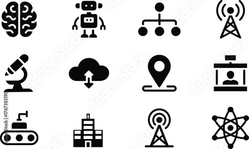 Brain AI Robot Network Tower Cloud Map ID Badge Microscope Factory Atomic Structure Icons Featuring Futuristic Technology, Robotics, Network Connectivity, Cloud Systems, Scientific and Industrial Symb