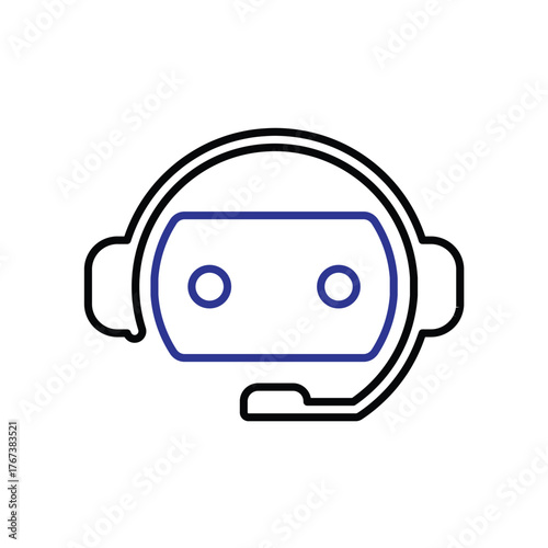 Chatbot icon. AI symbol. Simple robot head wearing a unique headset and microphone. automatic, manager, web. Outline design style.