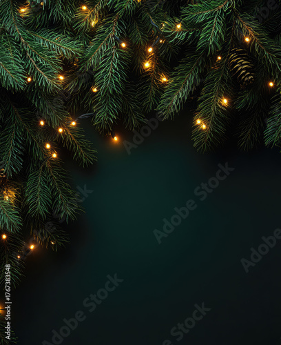 dark green christmas fir tree branches background with empty copy space and golden glowing lights