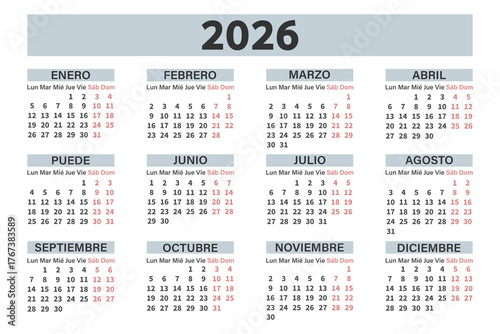Classic annual calendar for 2026 in Spanish for planning and organization. Template.