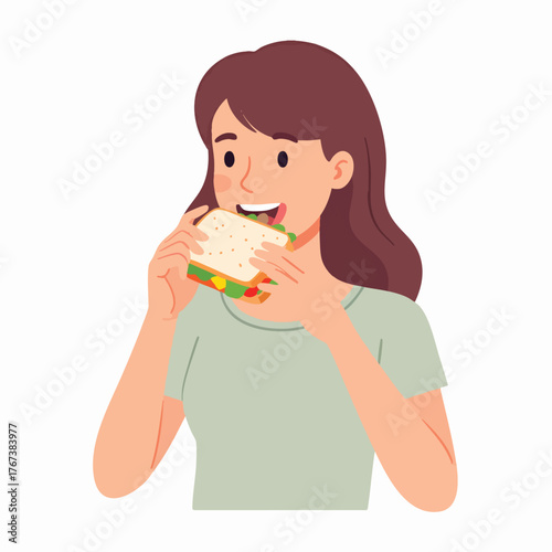 A woman happily taking a bite of a delicious sandwich.