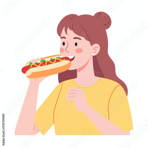 Cartoon illustration of a woman eating a hot dog with mustard, ketchup, and relish.