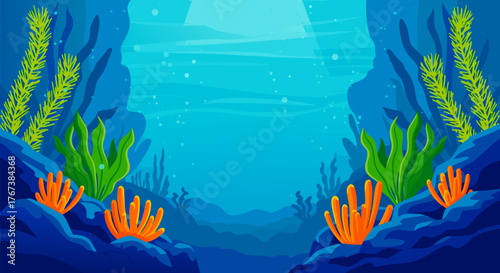 Vibrant underwater cartoon world background with colorful corals and seaweed. Vector illustration of a deep sea landscape for a game or animation