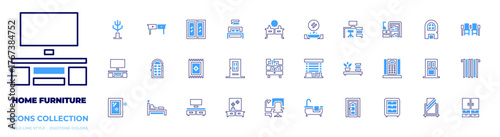 Home furniture icon collection. Bold line style. Duotone colors. curtain, table, closet, door, mirror, home, workplace, window, carpet, double bed, dressing table