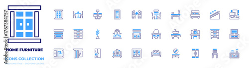 Home furniture icon collection. Bold line style. Duotone colors. dinner table, dressing table, table, sofa, double bed, sink, wardrobe, stairs, office, commode, tv