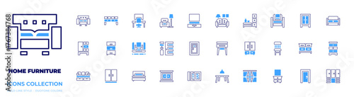 Home furniture icon collection. Bold line style. Duotone colors. table, workplace, furniture, drawers, sofa, closet, bed, cupboard, divan, cabinet, home decor, dresser