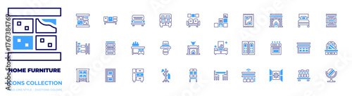 Home furniture icon collection. Bold line style. Duotone colors. shelves, sink, dining table, fireplace, carpet, cooking stove, window, open, smart curtain, sofa