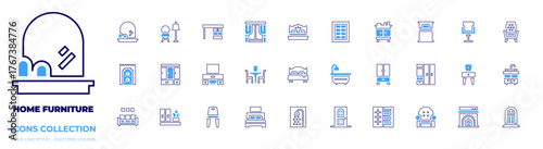 Home furniture icon collection. Bold line style. Duotone colors. single bed, chair, wardrobe, nightstand, closet, fireplace, underfloor heating, couch, desk, rug