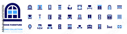 Home furniture icon collection. Bold style. Duotone colors. curtains, window, door, tv table, bed, closet, double bed, windows, lamp, living room, armchair, chair