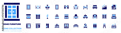 Home furniture icon collection. Bold style. Duotone colors. dinner table, dressing table, table, sofa, double bed, sink, wardrobe, stairs, office, commode, tv