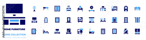 Home furniture icon collection. Bold style. Duotone colors. drawer, coat stand, single bed, door, window, tv table, curtain, table, closet, mirror, home, carpet