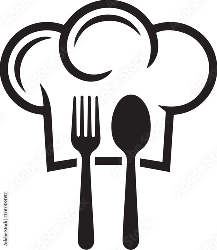 Creative chef hat symbol with fork and spoon silhouette representing culinary arts and restaurant services minimalist design vector