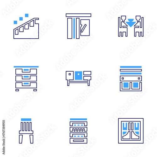 Home furniture icon set. Bold line style. Duotone colors. Editable stroke. smart curtain, drawer, dinner table, shelves, window, stairs, commode, wooden chair
