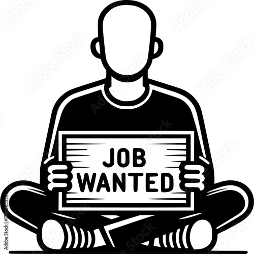 Job Wanted: A poignant depiction of unemployment, a simplified silhouette of a person sits, holding a sign that states 'Job Wanted'.